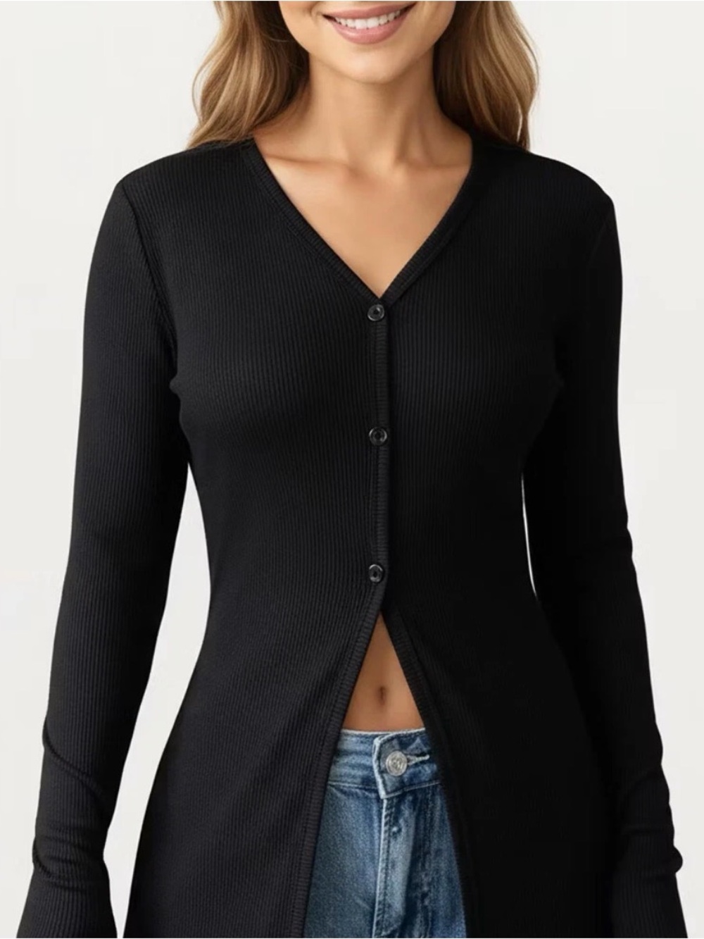 Long Black Maxi Button-Front Ribbed Cardigan - Picture 5 of 6